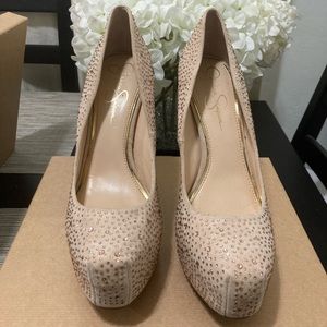 Nude, rhinestone, platform pumps
